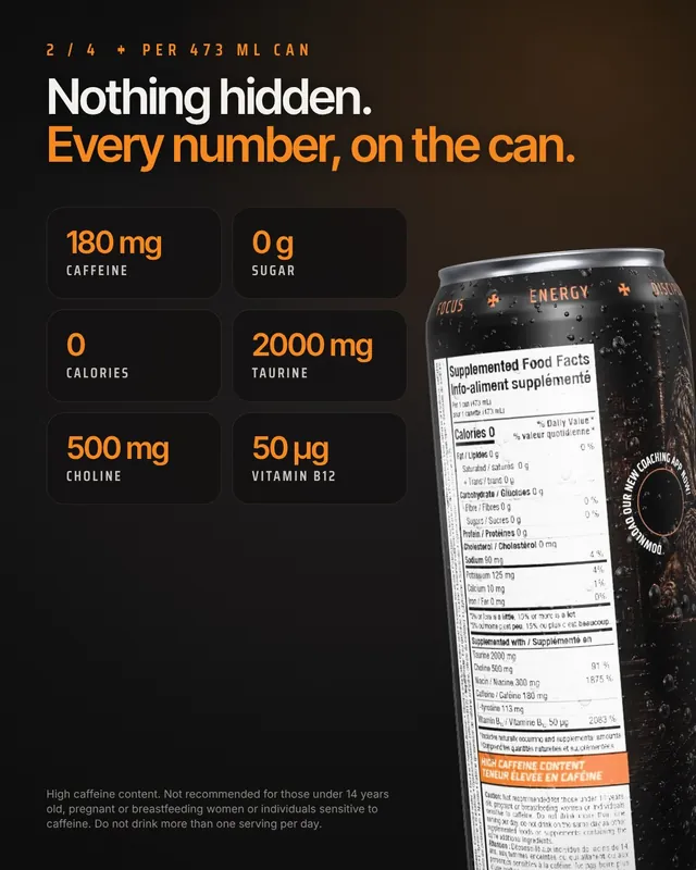 Templar Performance carousel slide listing what is in the can: 180 mg caffeine, 0 g sugar, 0 calories