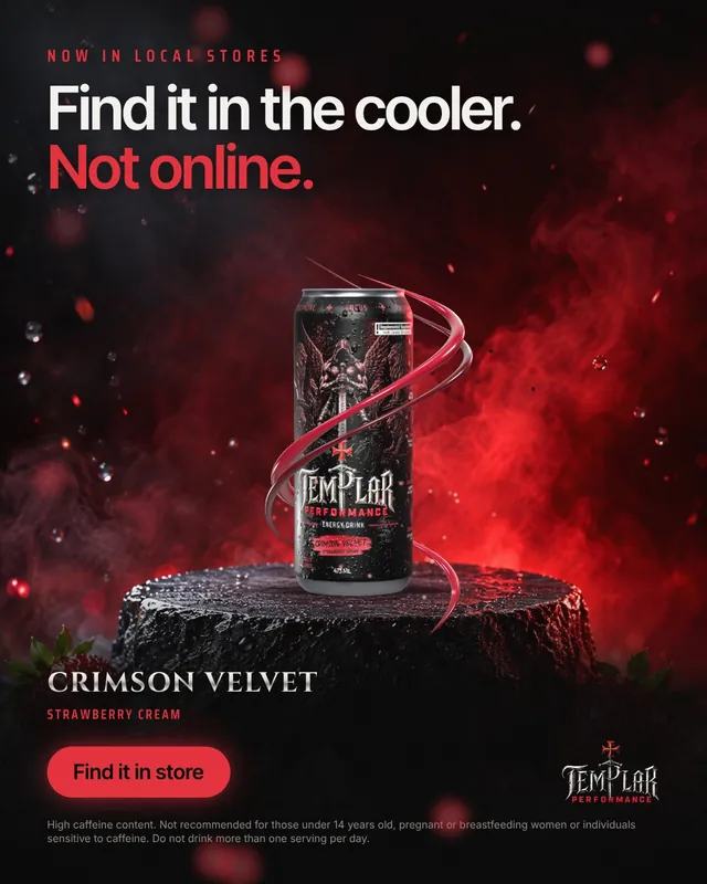 Templar Performance ad: a Crimson Velvet can on a stone pedestal, headline Find it in the cooler. Not online.